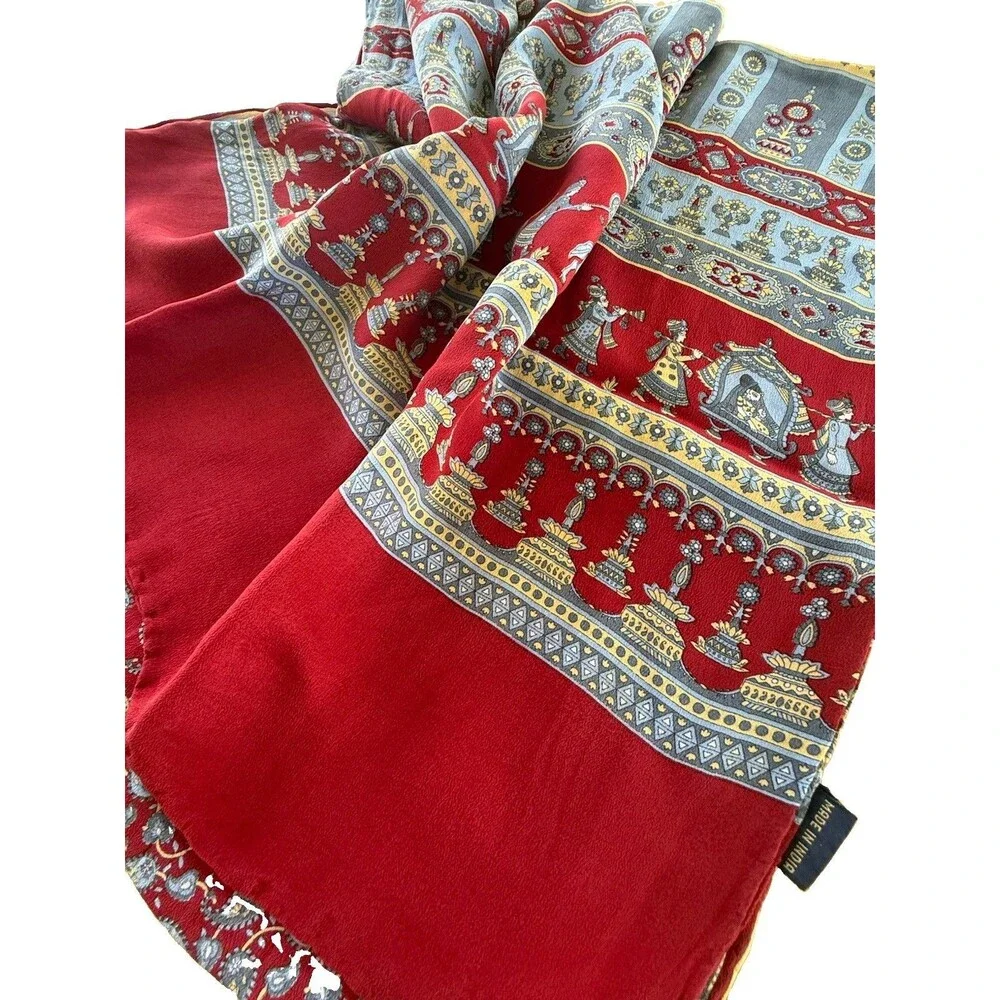 Red Silk Scarf With Paisley global-inspired Print 68” X 20” Artsy Historical EUC